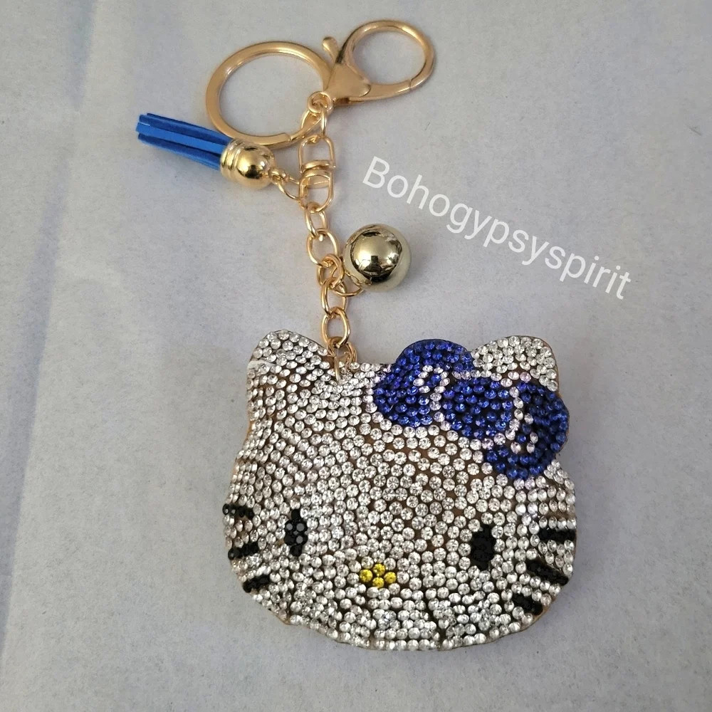 Hello Kitty Blue Bow Crystal Rhinestone Keychain Bag Charm With Tassel